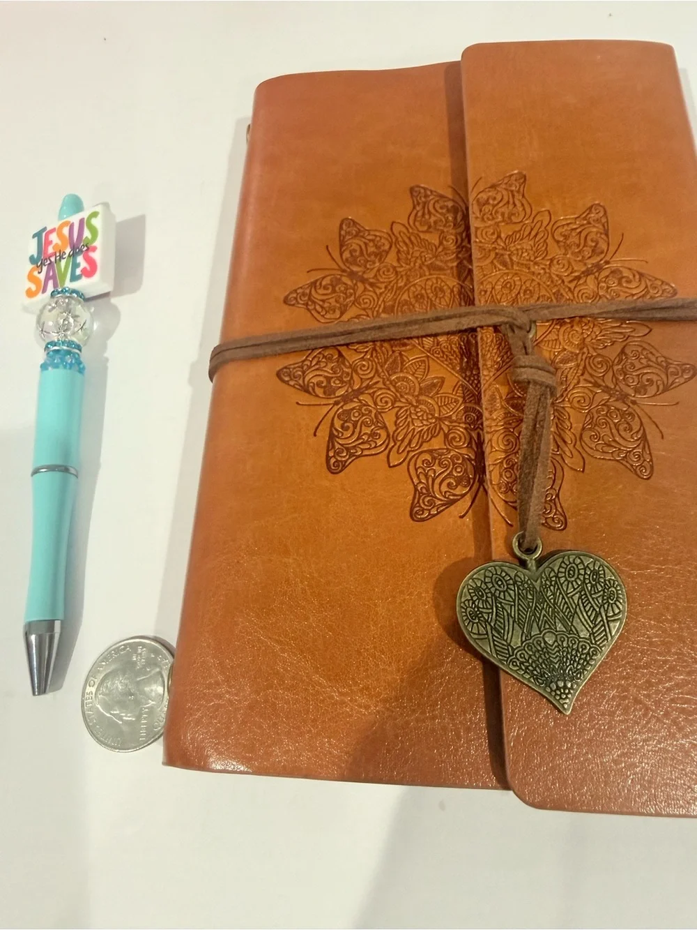 2 pc bundle set Embossed Brown Journal Heart Charm beadable refillable cute pen